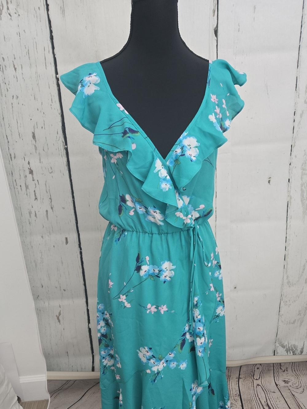 Socialite Teal Floral Ruffle Lined Faux Wrap Maxi Dress